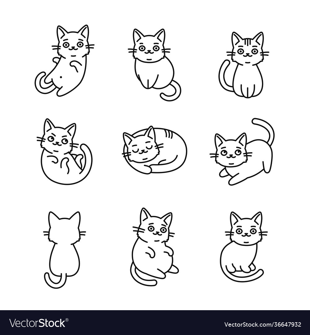 Set Of Cute Cats On White Background, Line Style Icon Vector