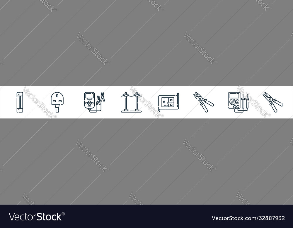Electrician tools and line icons linear set