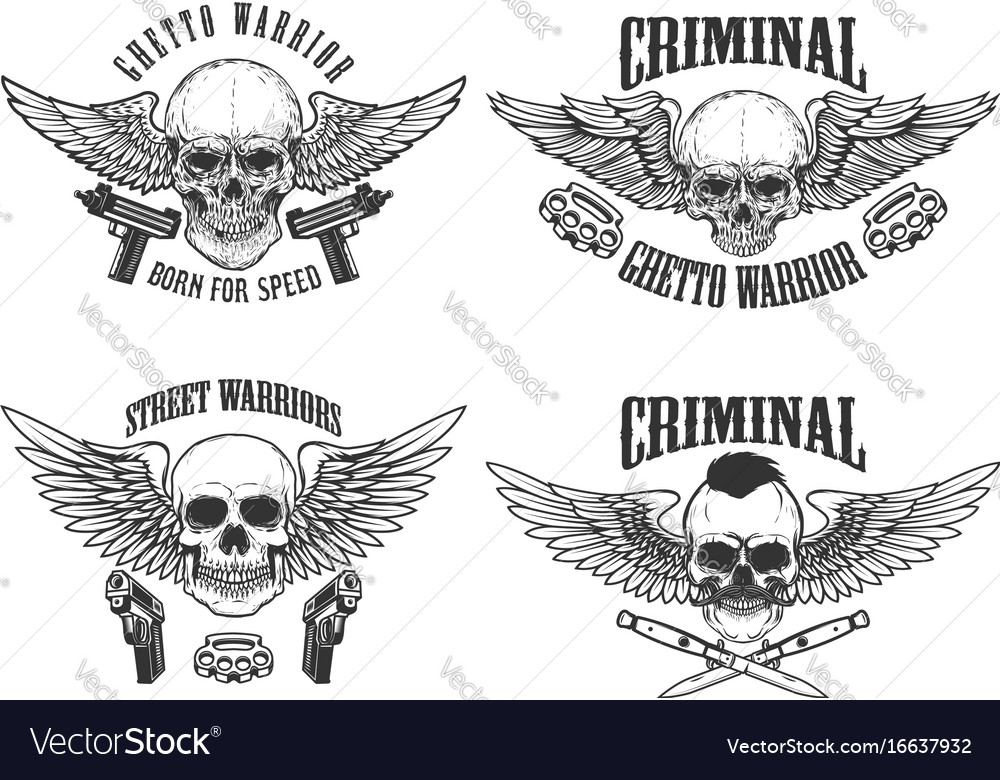 Outlaw street warriors set of winged skulls with Vector Image