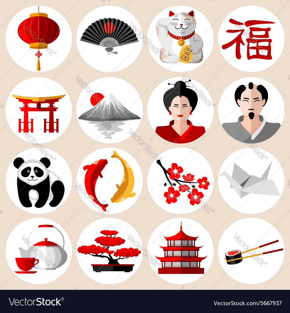 Japanese icons set in flat style with different traditional symbols and att...