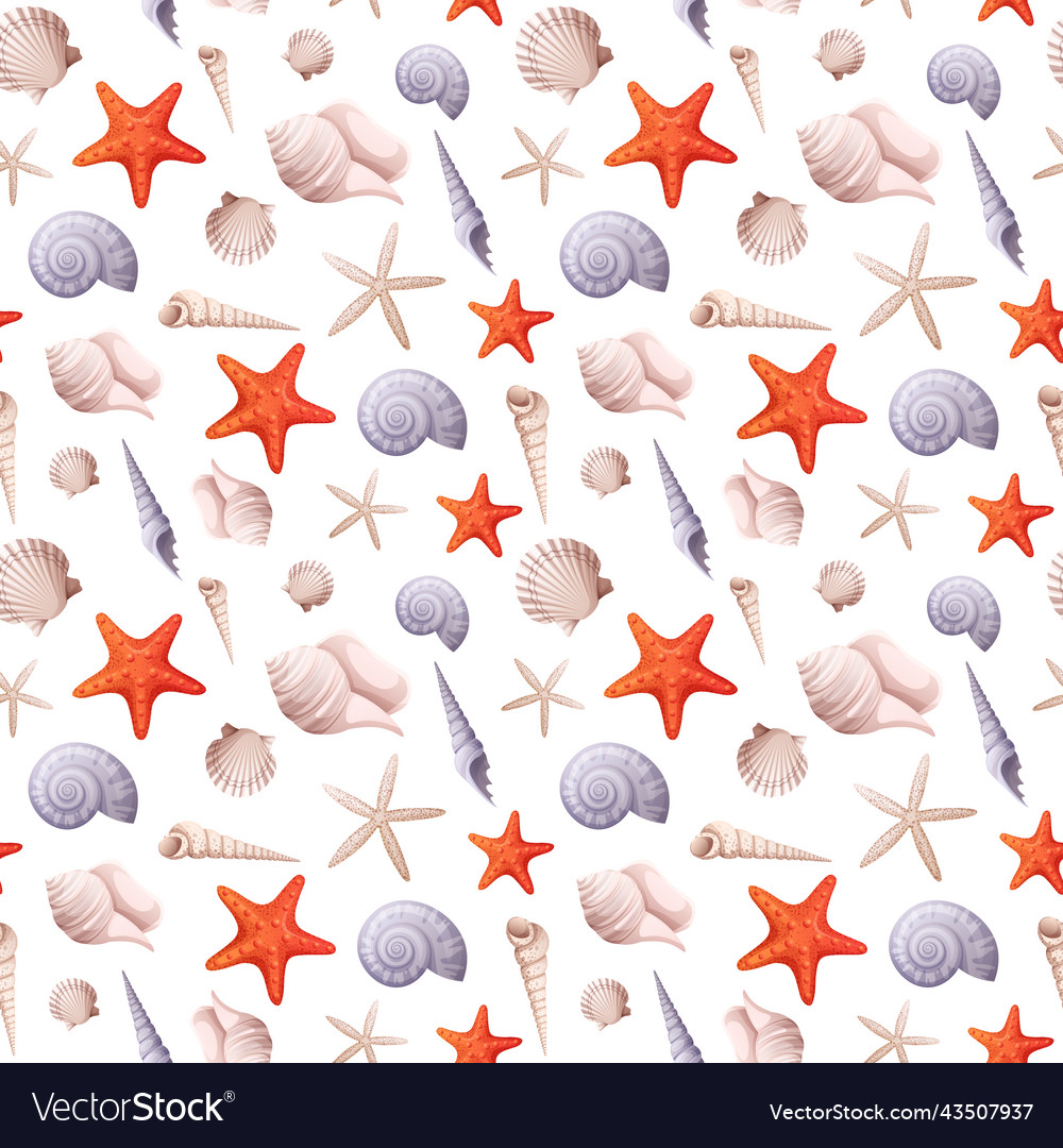 Seamless pattern with starfish shells clams vector image Seamless pattern with starfish shells clams