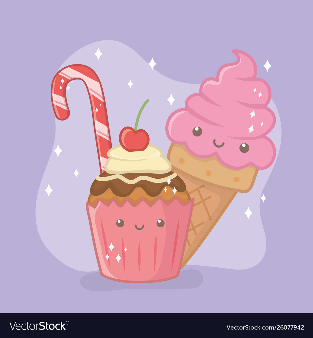 Delicious and sweet cupcake products kawaii