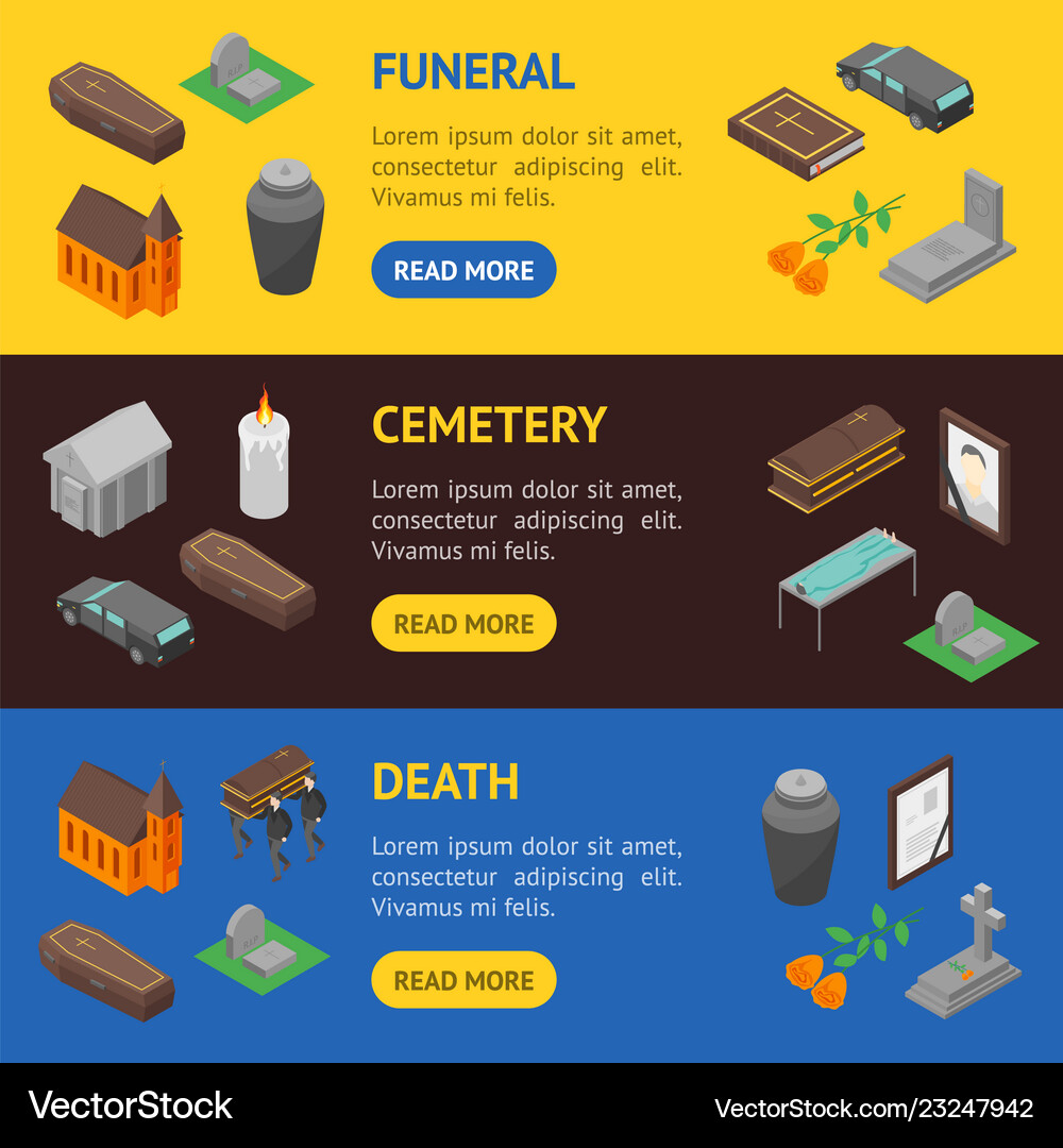 Funeral Signs 3d Banner Horizontal Set Isometric Vector Image