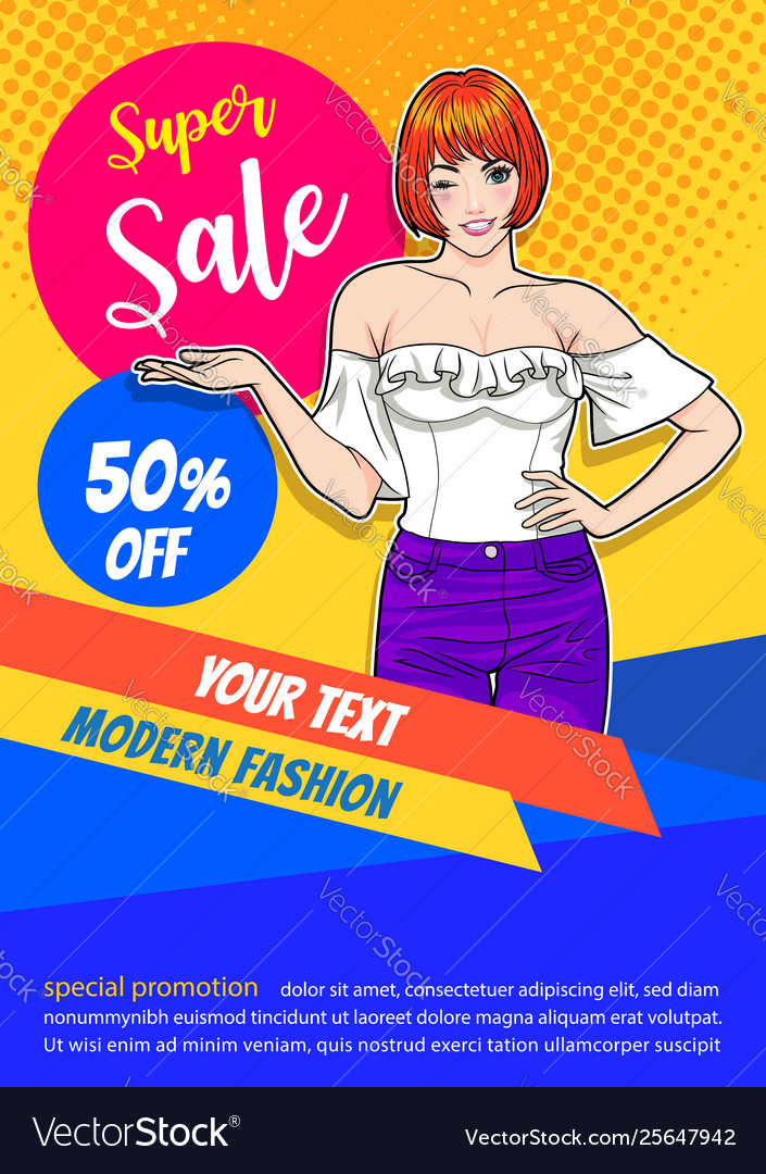 Smiling woman gesture presenting with sale vector image Smiling woman gesture presenting with sale