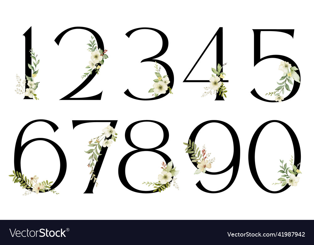 Watercolor green floral set of numbers Royalty Free Vector