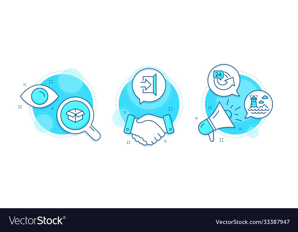 Exit lighthouse and opened box icons set 24