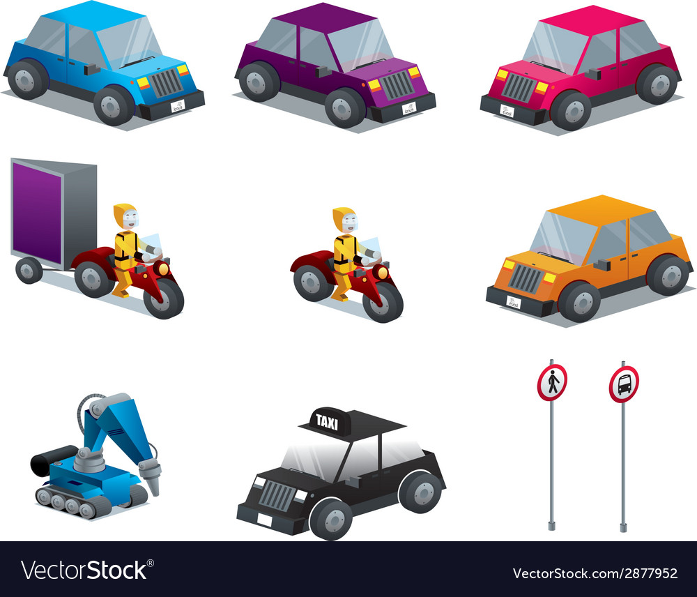 Cars motorcycles and traffic signs set isometric