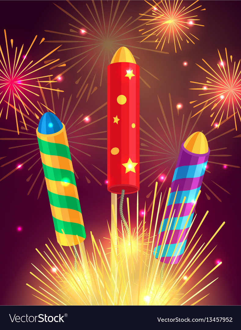 Colourful exploding rockets on bright background