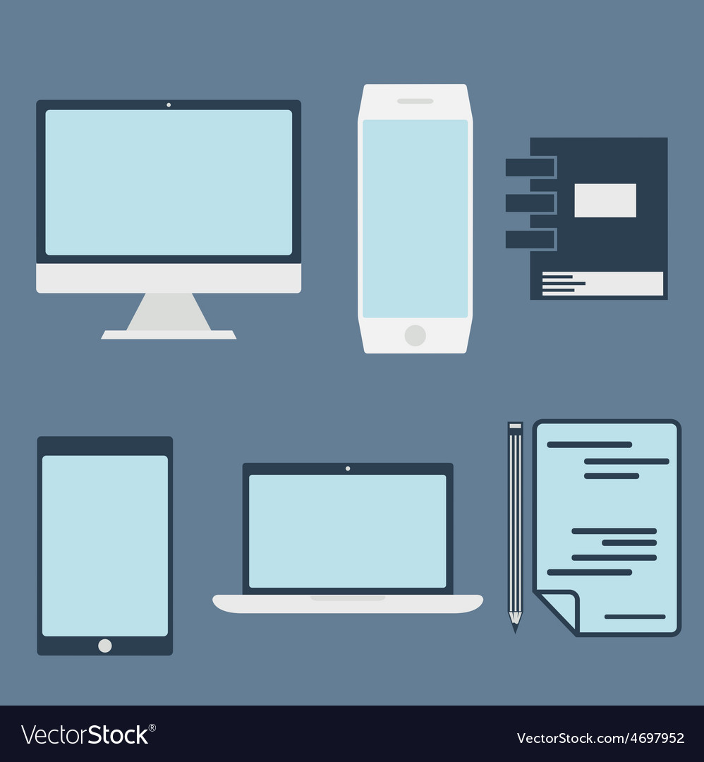 Flat design office elements and computer tablet