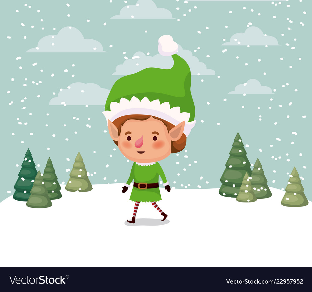 Little christmas elf character in snowscape