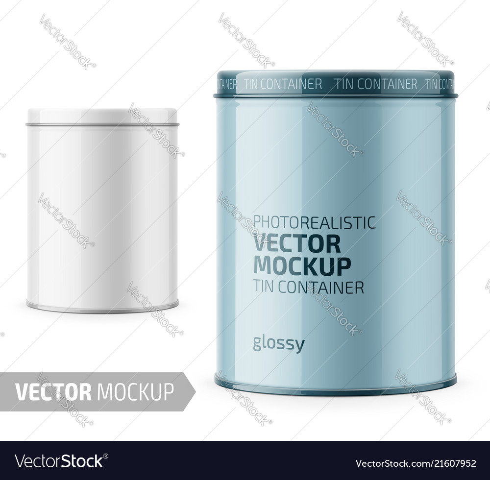 Download Round Glossy Tin Can Template With Sample Design Vector Image PSD Mockup Templates