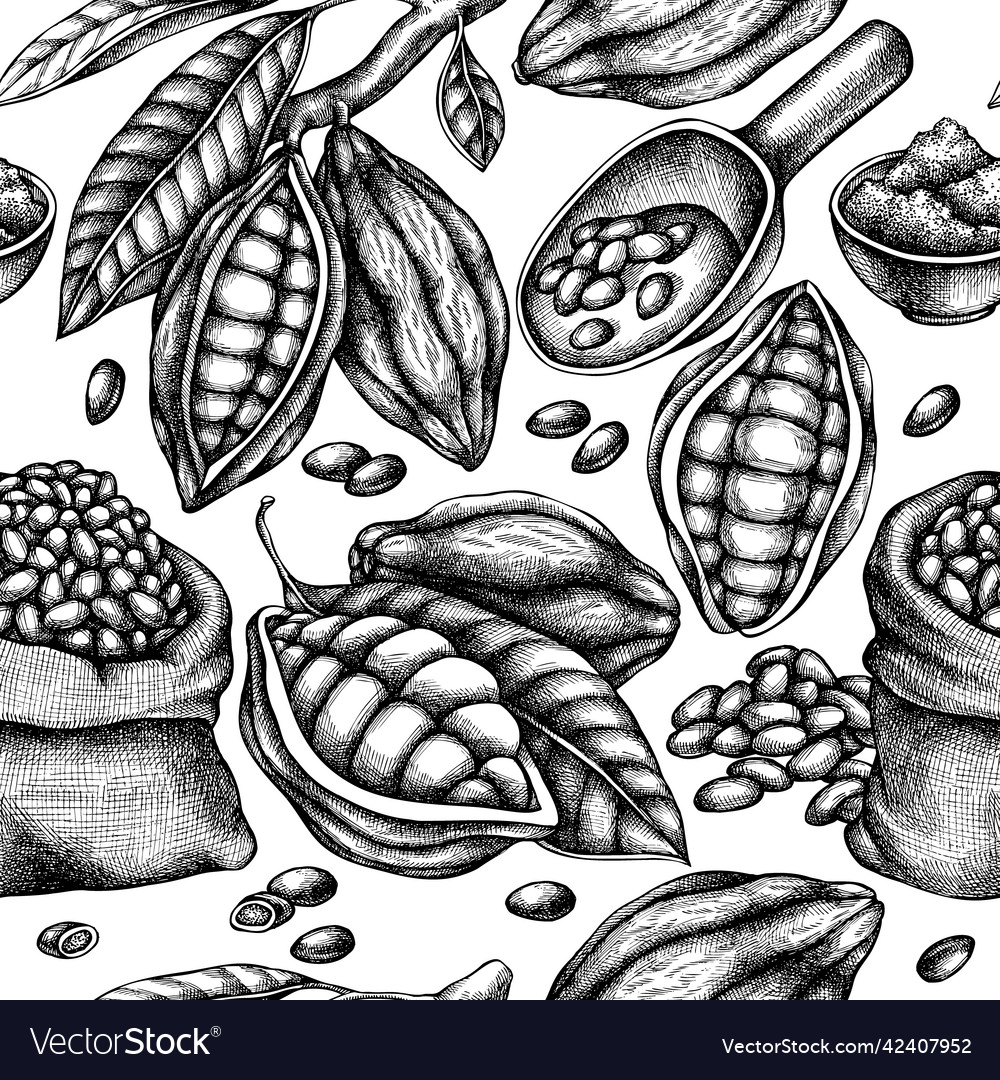 Seamless pattern with black and white cocoa beans
