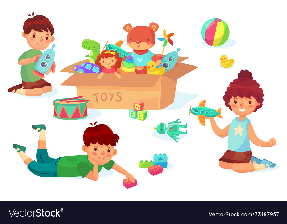 Children playing with toys boy holding rocket in Vector Image