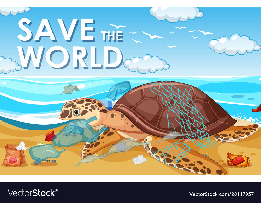 Pollution control scene with sea turtle and Vector Image