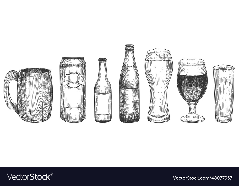 Sketch beer glasses mugs and bottles