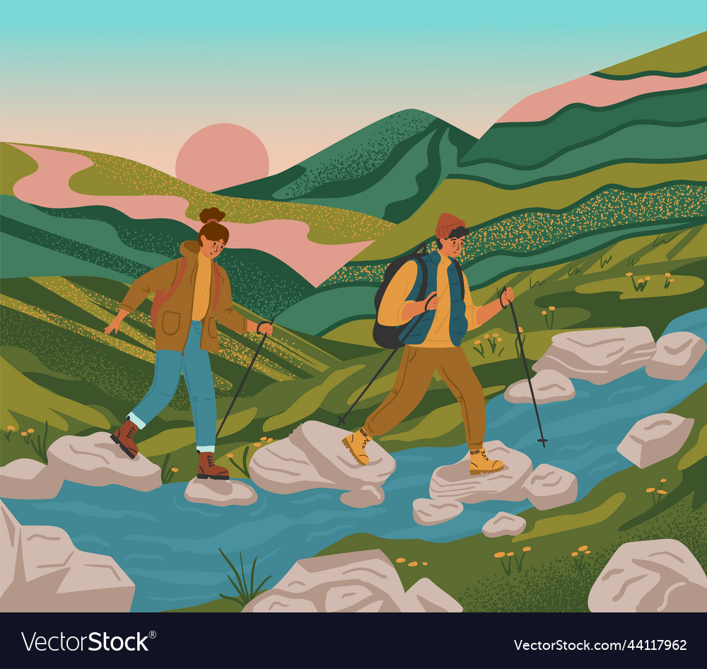 Couple trekking in mountains and crossing river