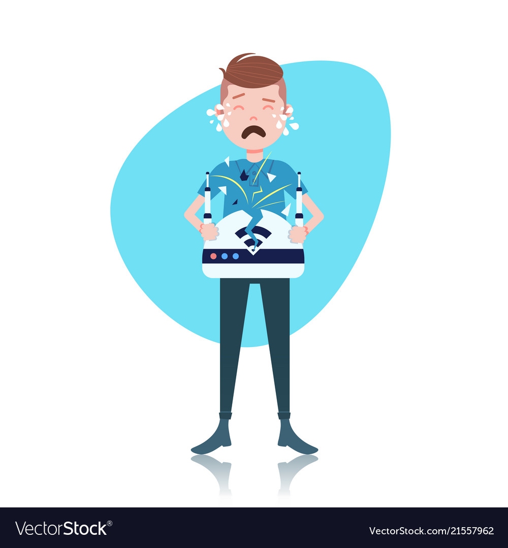 Crying man character with broken wireless drone vector image Crying man character with broken wireless drone