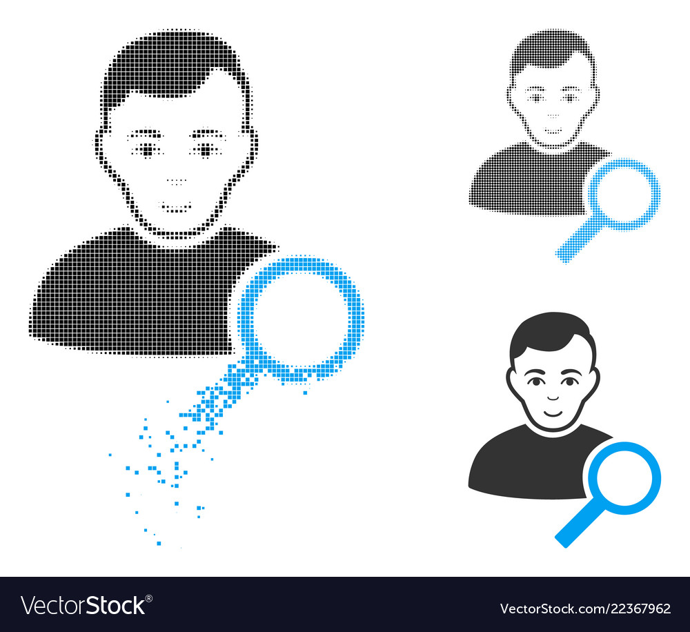 Dissipated dot halftone user search icon with face vector image Dissipated dot halftone user search icon with face