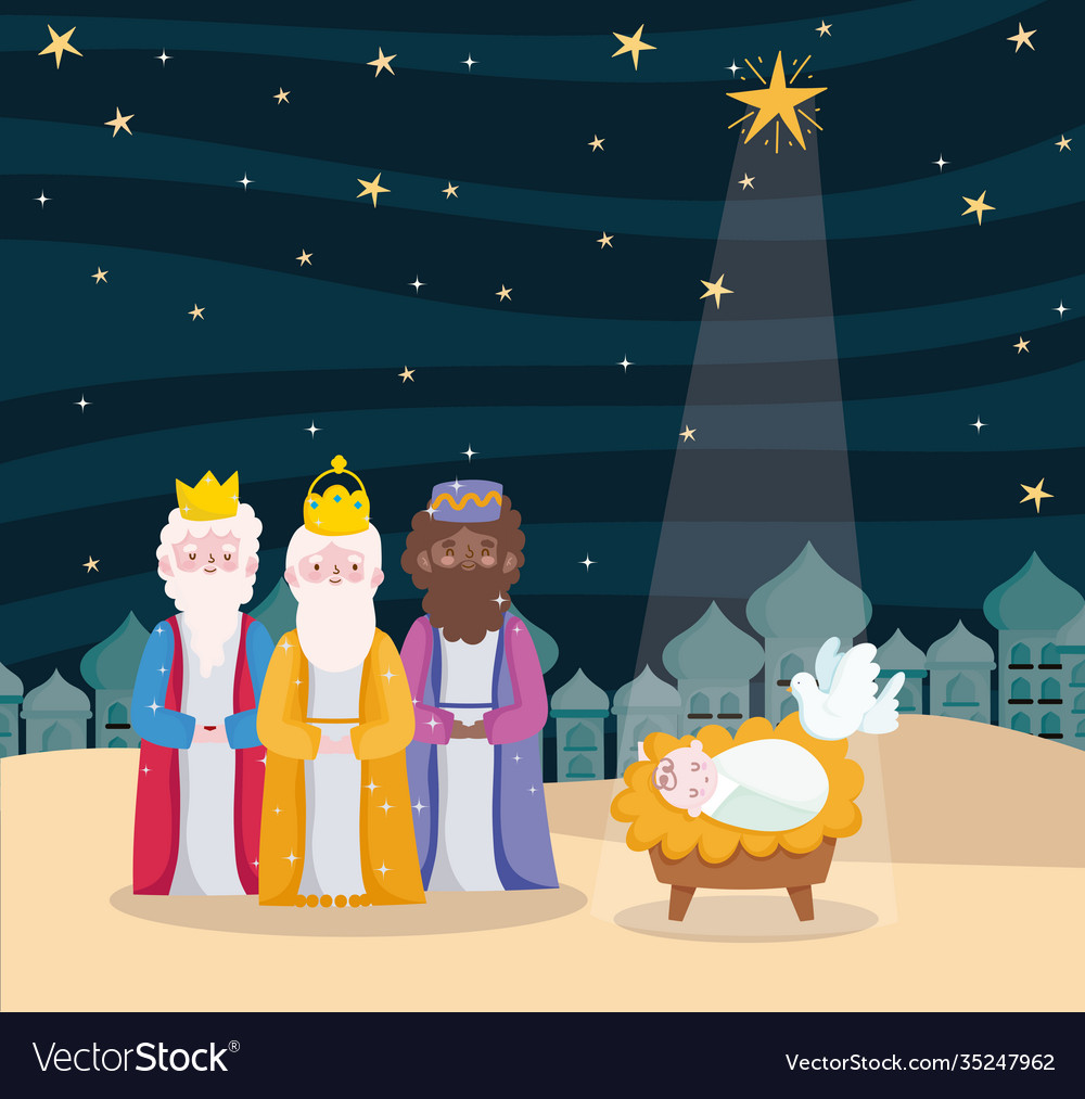 Happy Epiphany Three Wise Kings Baby Jesus Dove Vector Image