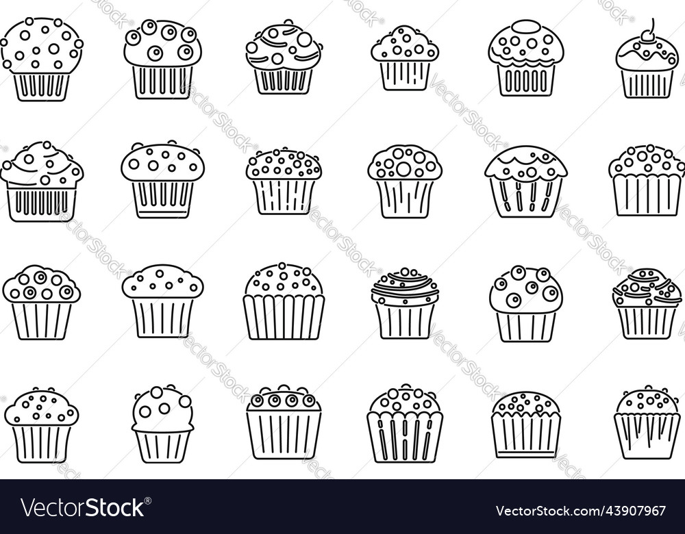 Muffin icons set outline bakery cake Royalty Free Vector