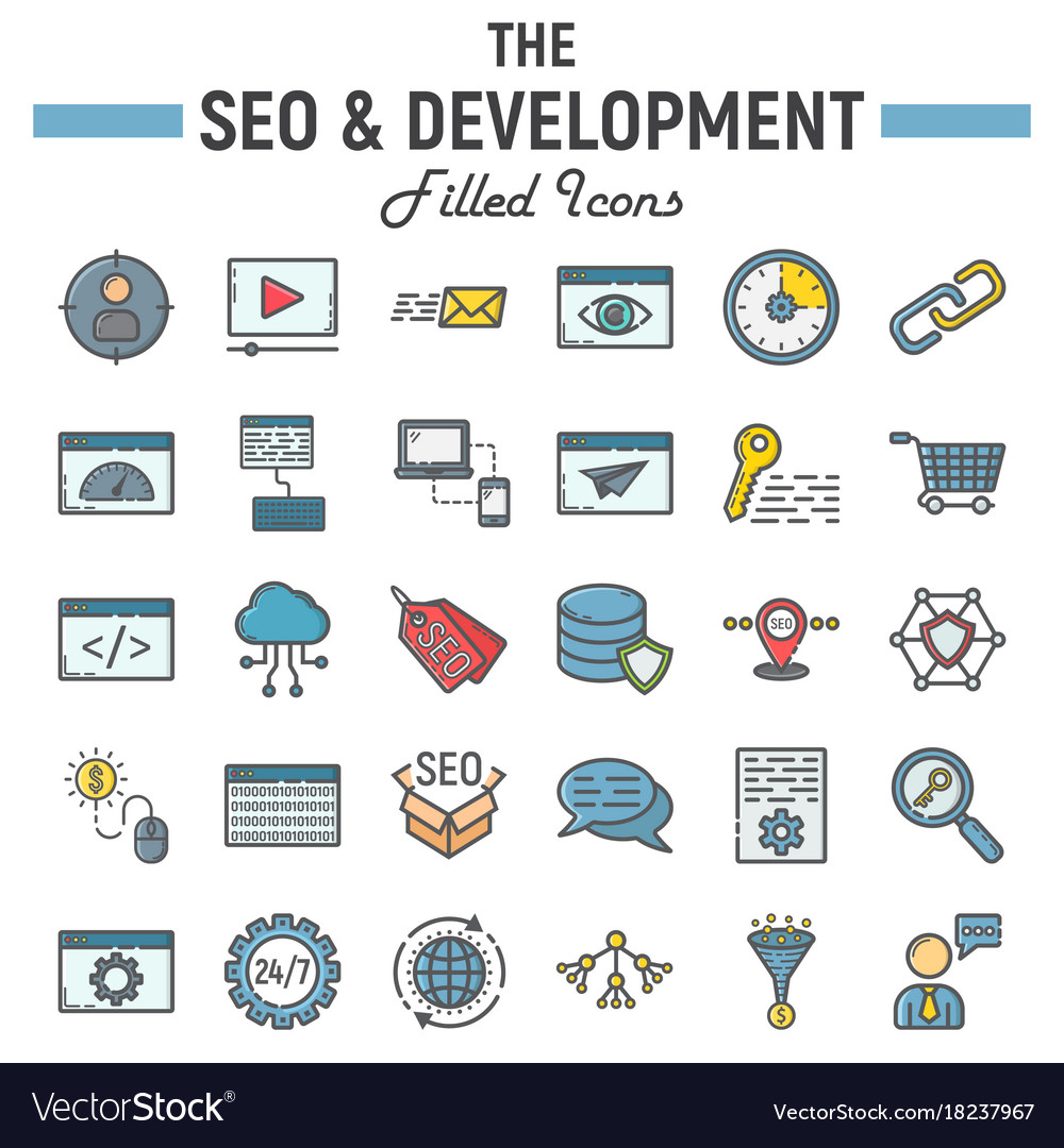 Seo and development filled outline icon set Vector Image