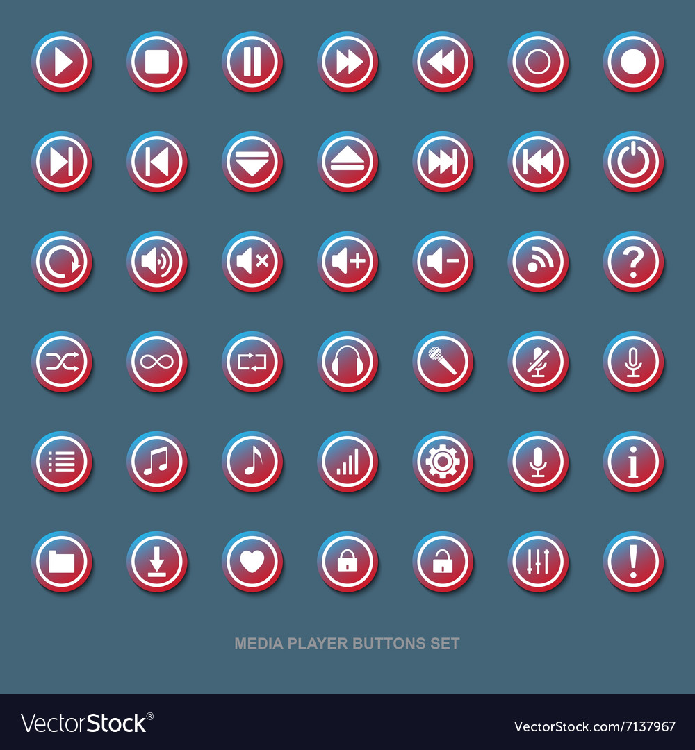 Set of transparent media player buttons with red