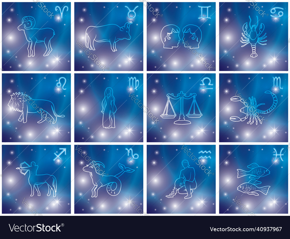 Silhouettes of symbols zodiac on blue Royalty Free Vector