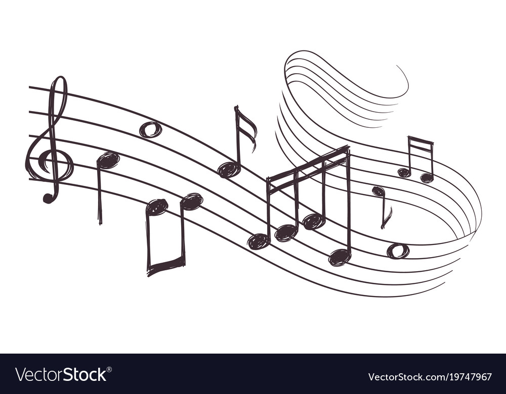 Sketch musical sound wave with music notes hand Vector Image