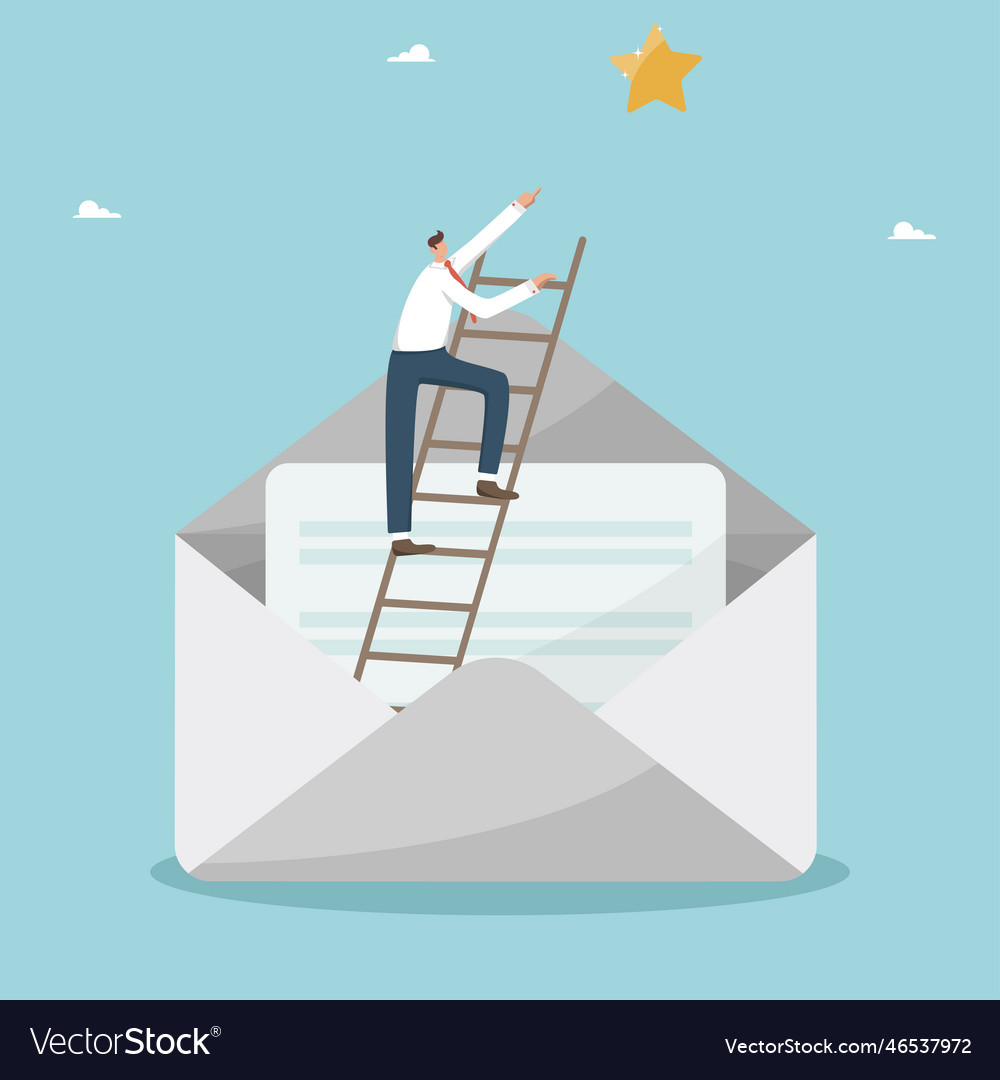 Man on the ladder in an envelope points to a star