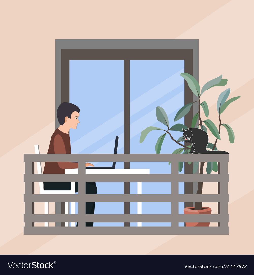 Man Working on Balcony with Cat