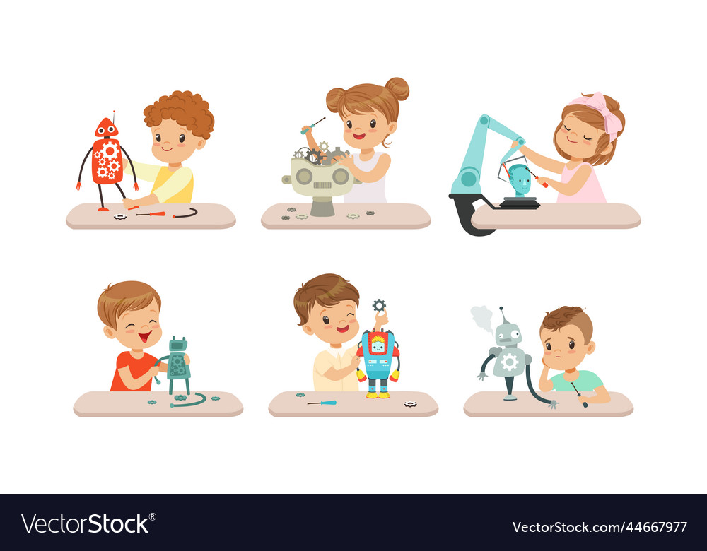 Cute little kids programming and creating smart Vector Image