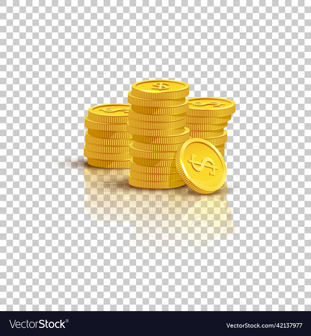 Golden stack of coins with mirror reflection