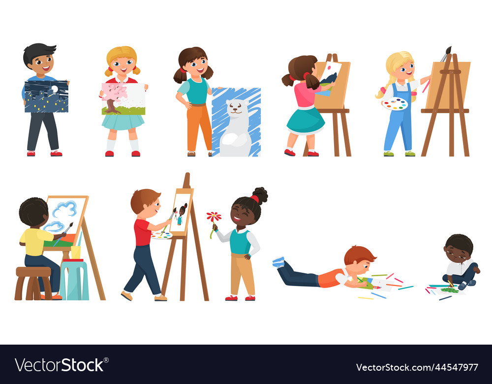 Kids painting set with cartoon young artists Vector Image