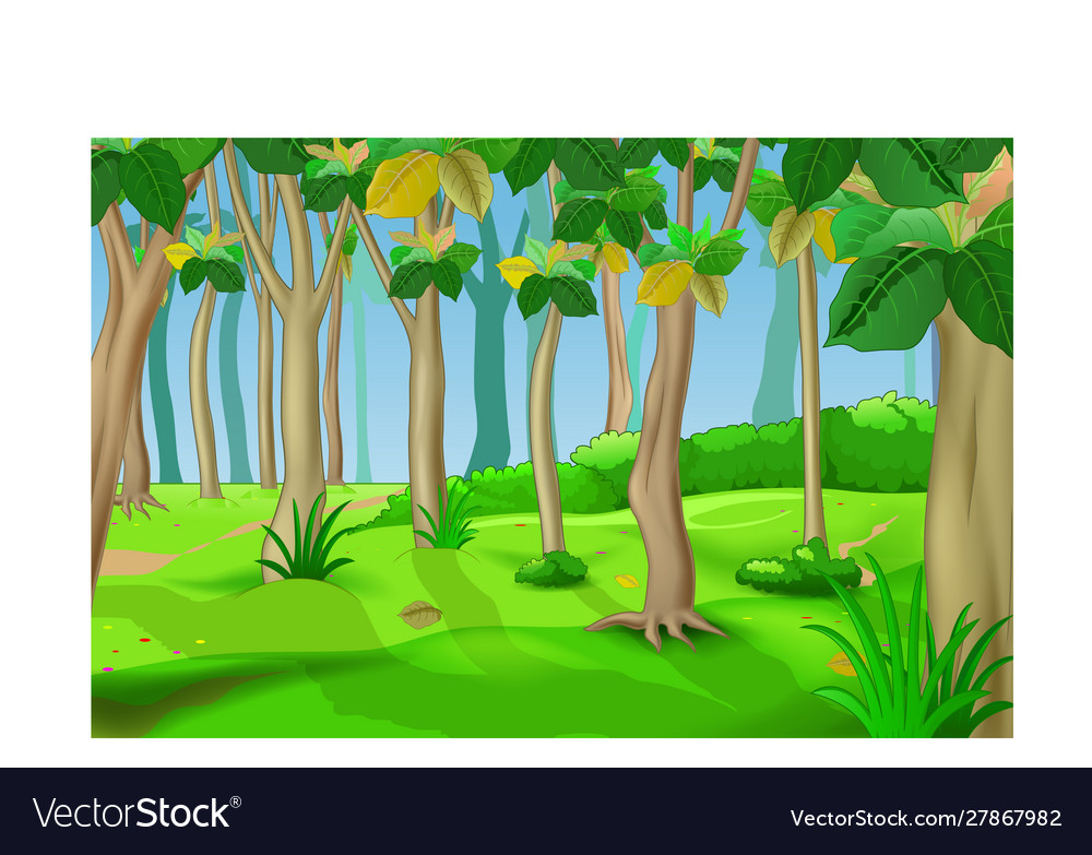 Cool forest with trees and hill cartoon