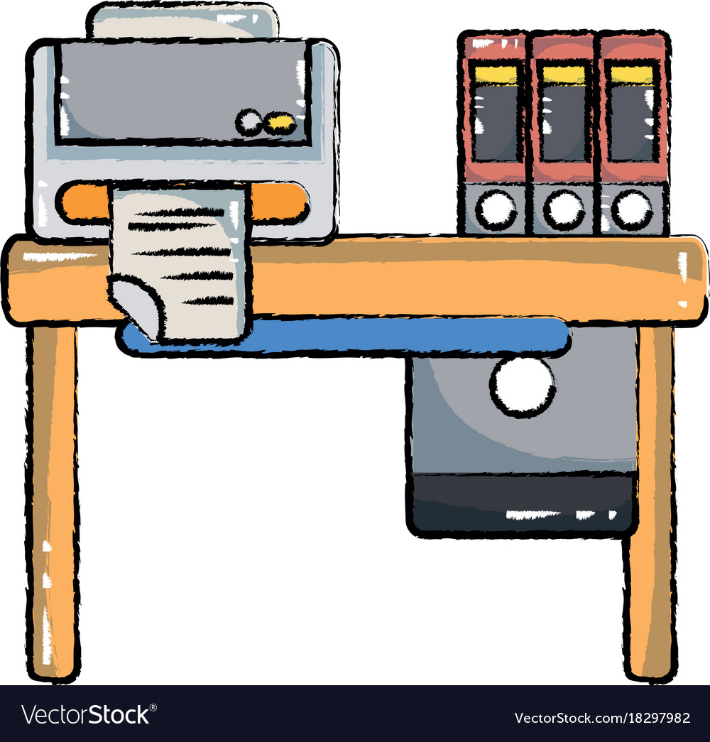 Doodle office wood desk with printer and books Vector Image