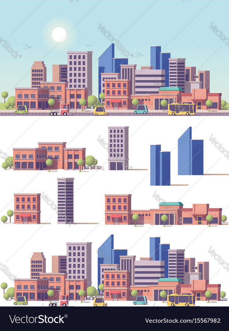 Low Poly 2d Buildings And City Scene Royalty Free Vector