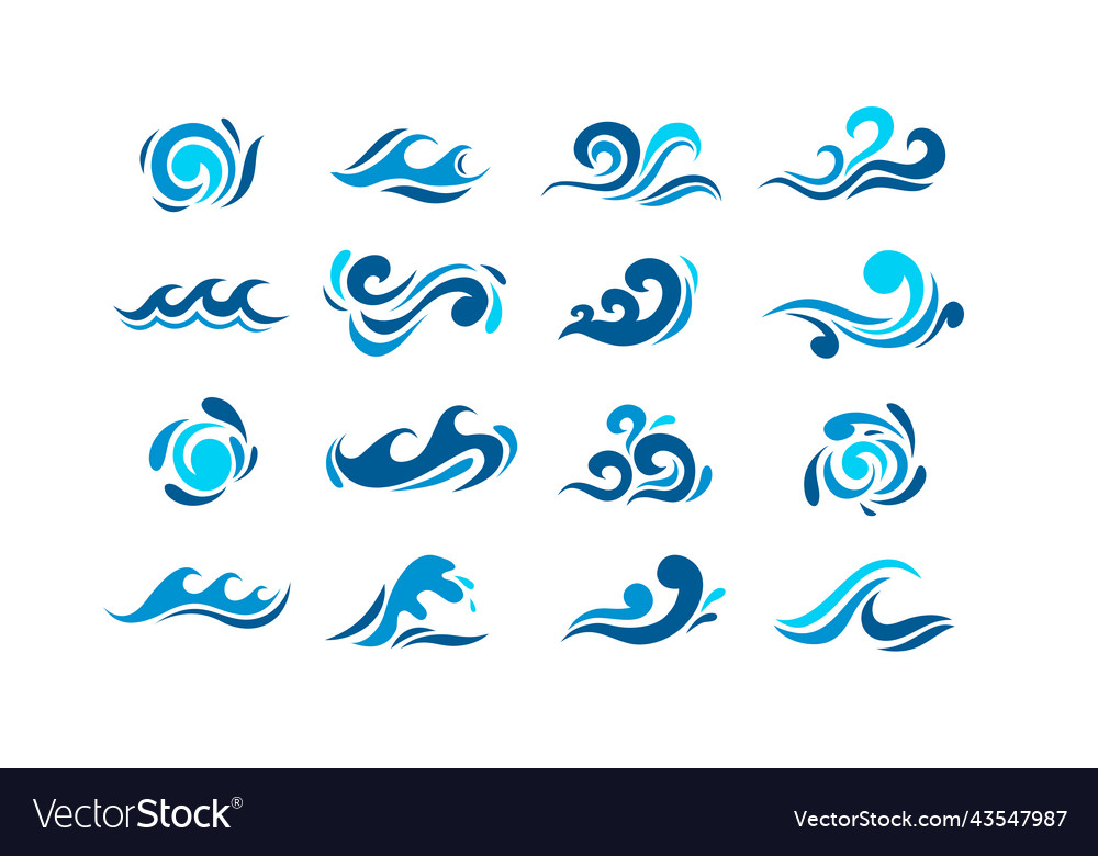 Big set of stylized ocean waves colored sea