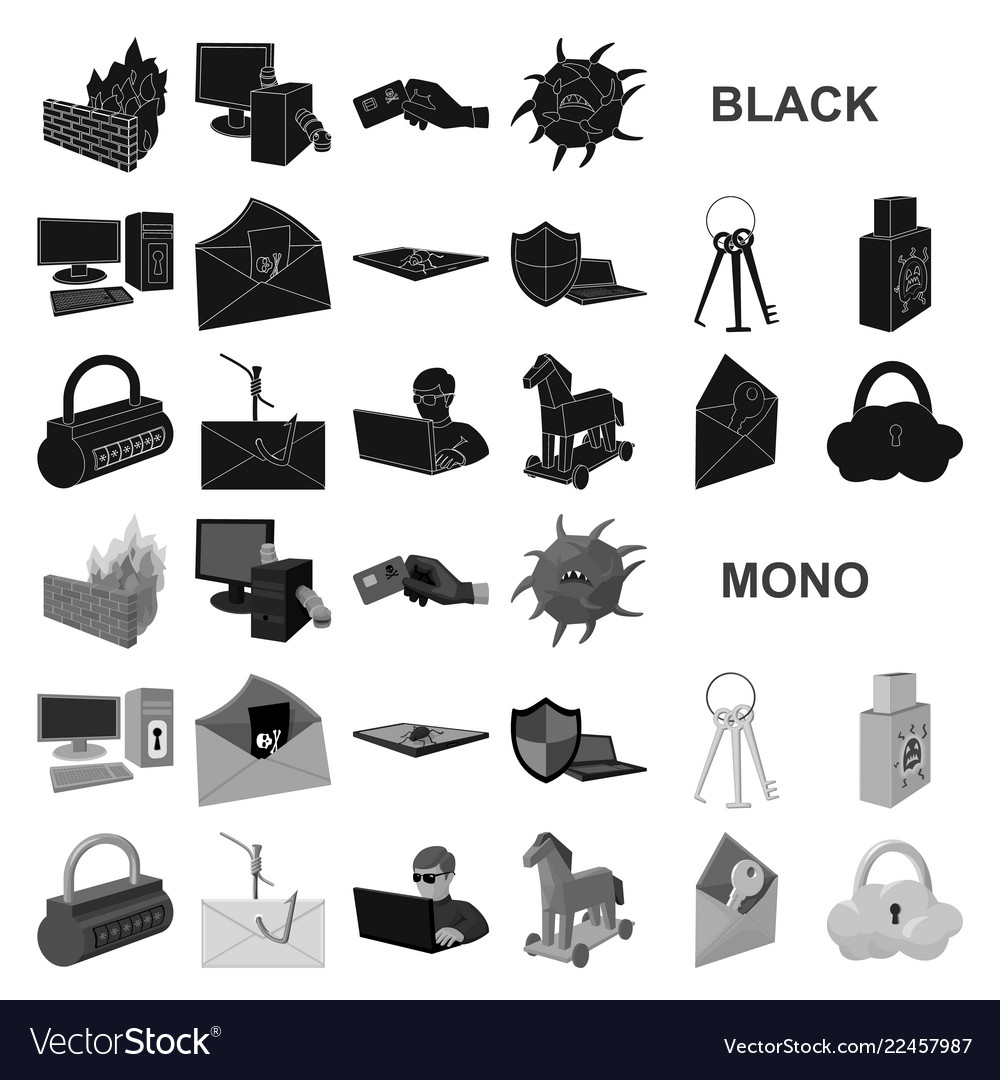 Hacker and hacking black icons in set collection vector image Hacker and hacking black icons in set collection