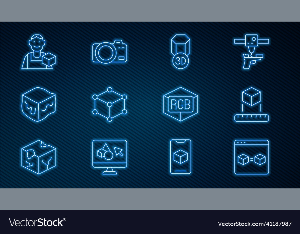 Set line 3d printer perfect copy isometric cube vector image Set line 3d printer perfect copy isometric cube