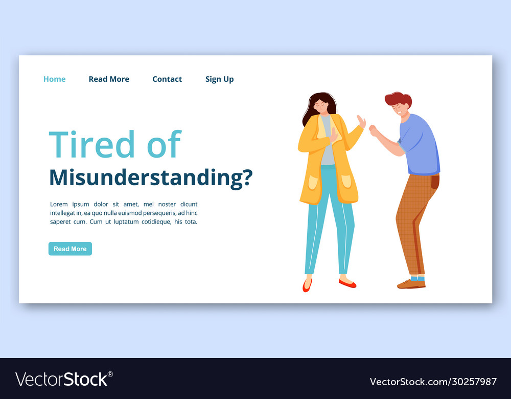 Tired misunderstanding landing page template Vector Image Tired misunderstanding landing page template