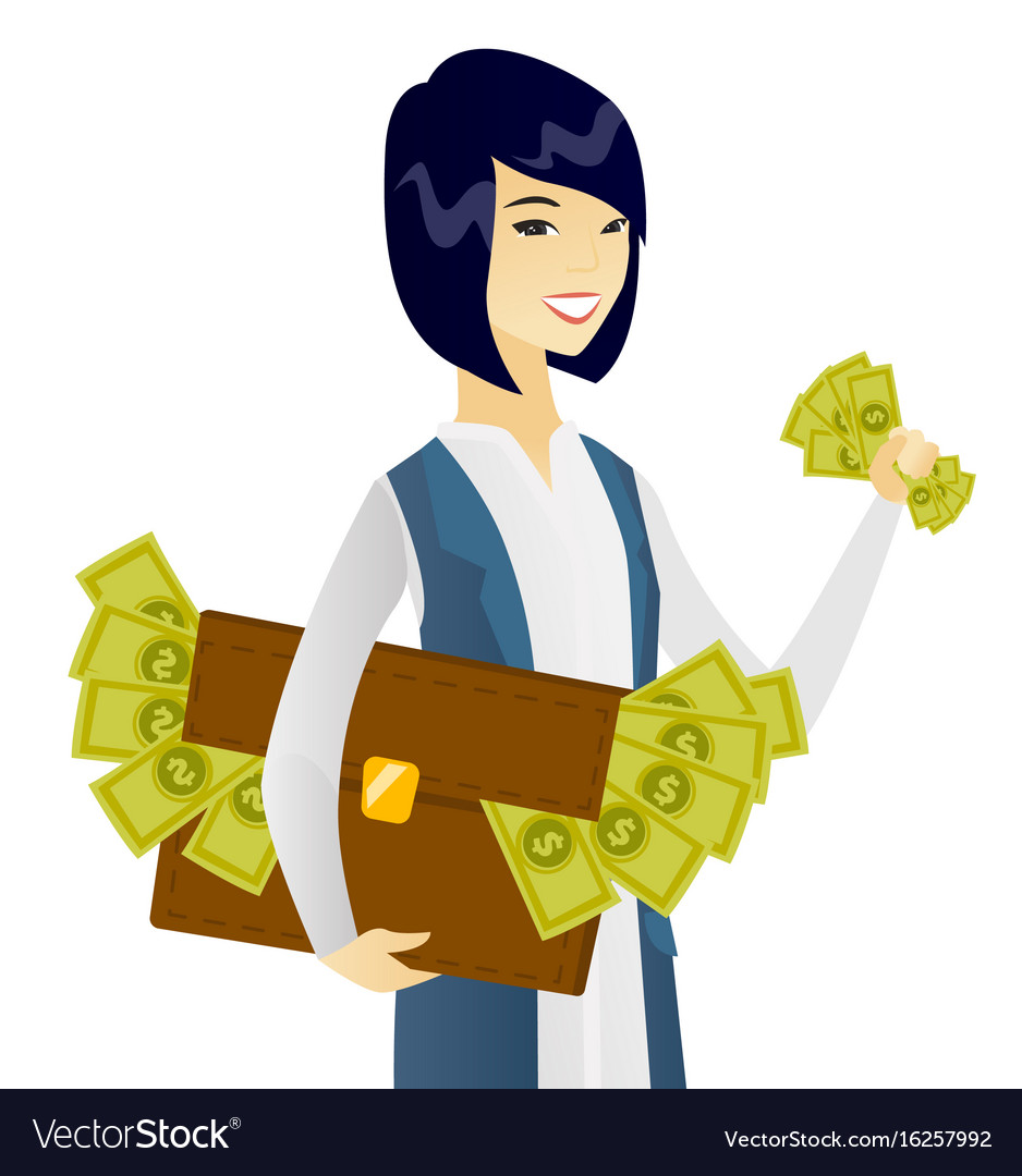 Asian business woman with briefcase full of money