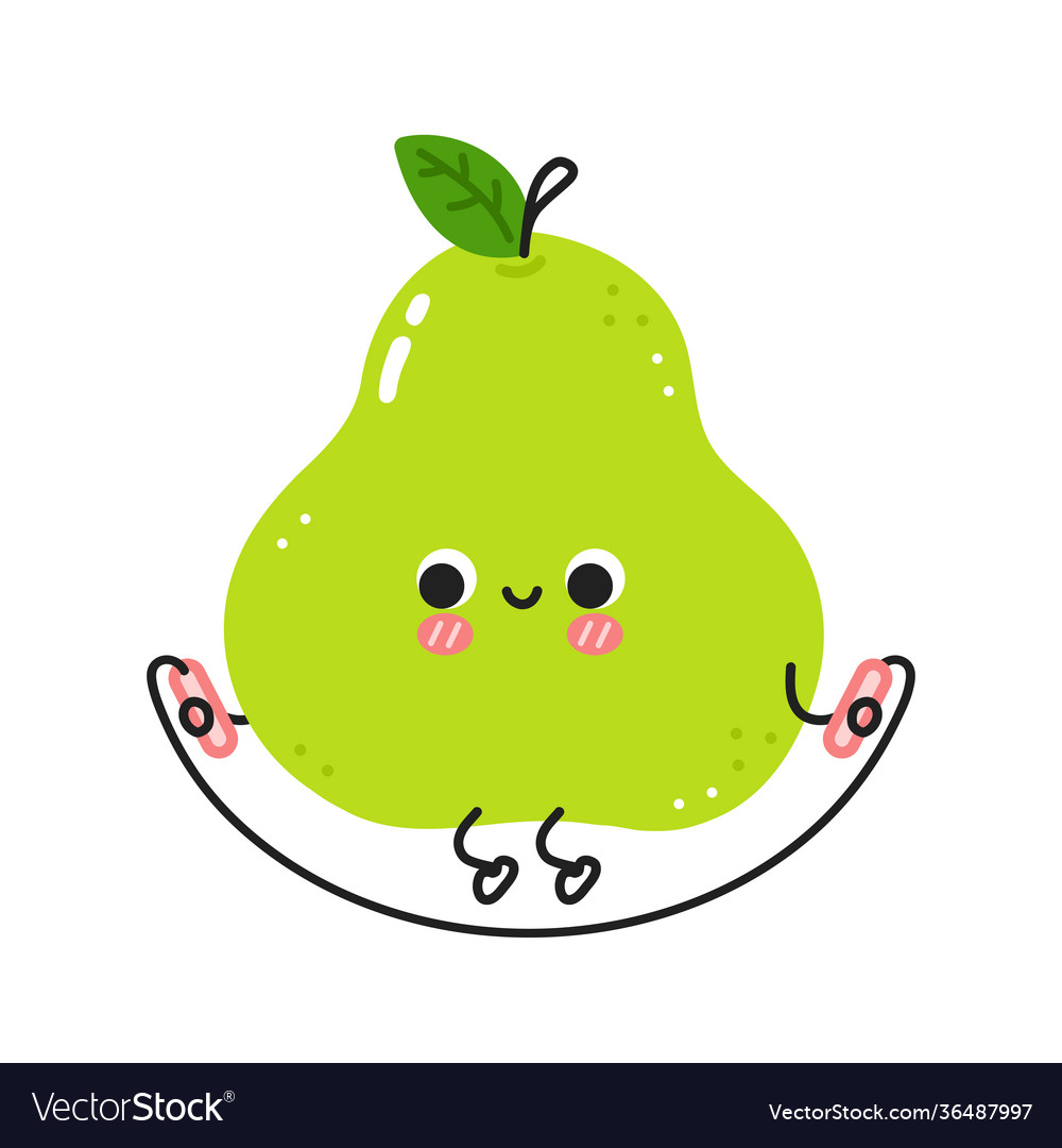 Cute funny green pear make gym with jump rope