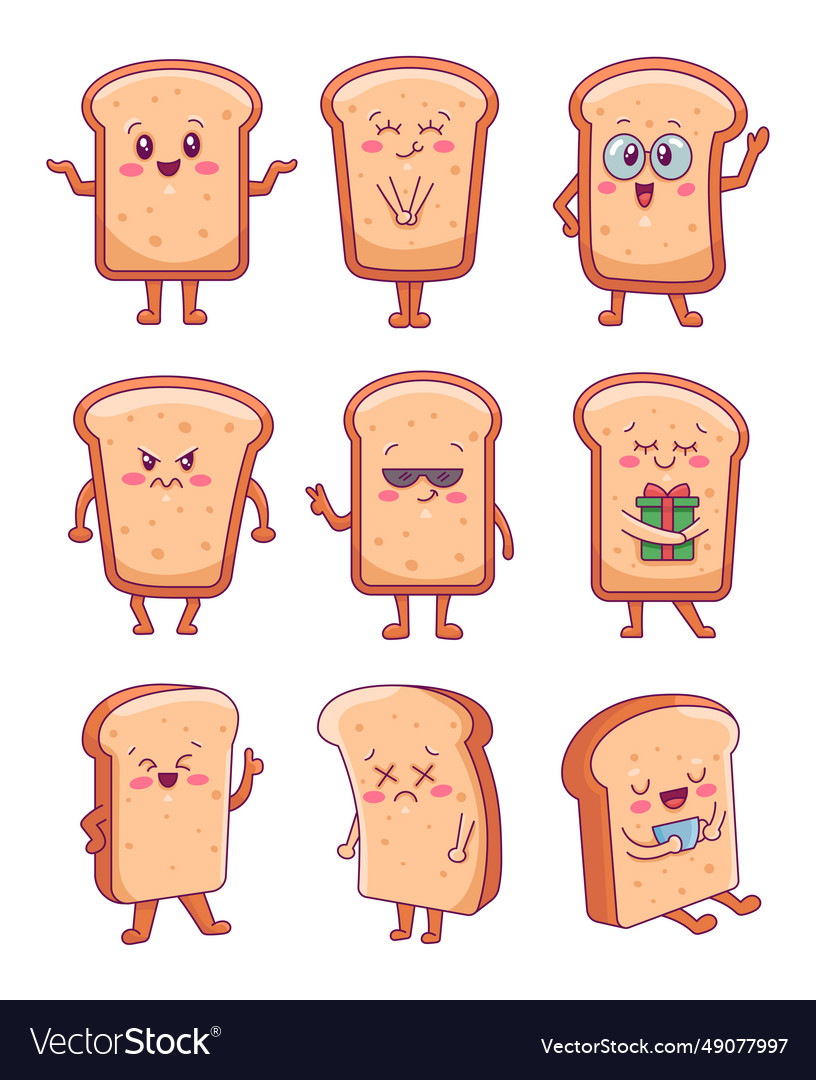 Funny happy toast characters cute cartoon sliced Vector Image