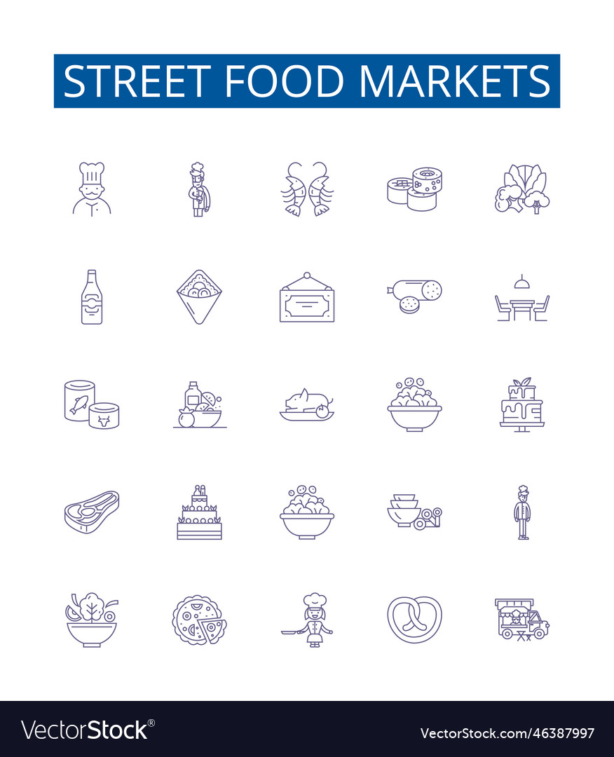 Street food markets line icons signs set design