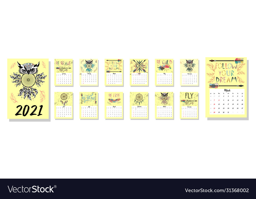 Colorful cute monthly boho calendar 2021