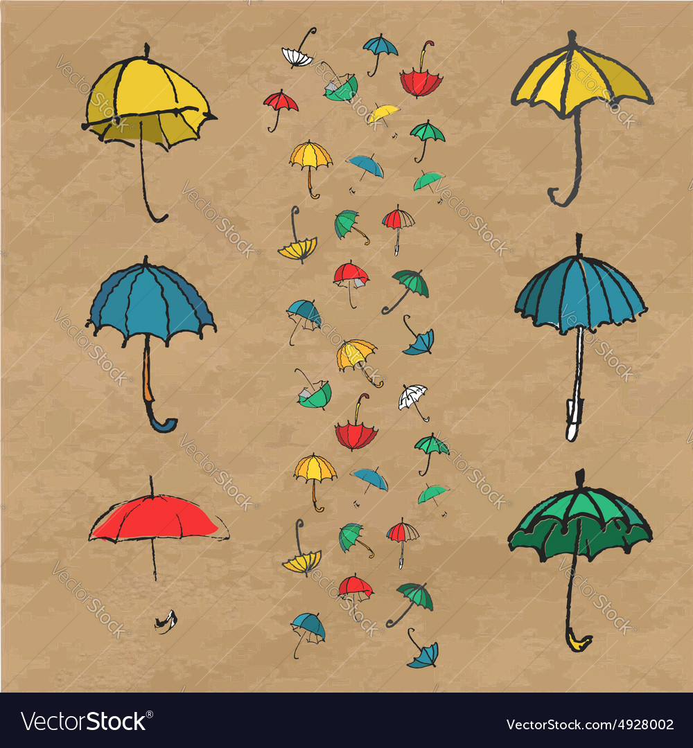 Hand drawn set of colorful umbrellas