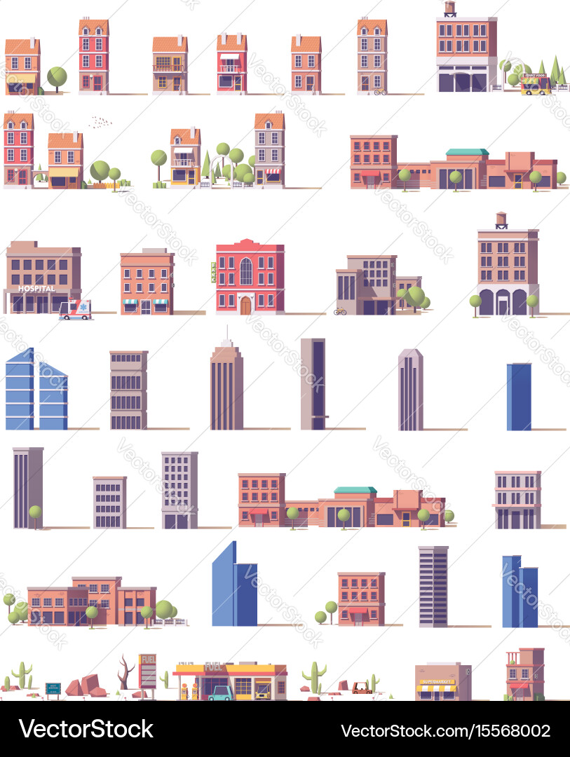 Low poly buildings set Royalty Free Vector Image