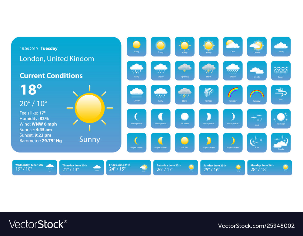 Set weather icons all icons for weather Royalty Free Vector