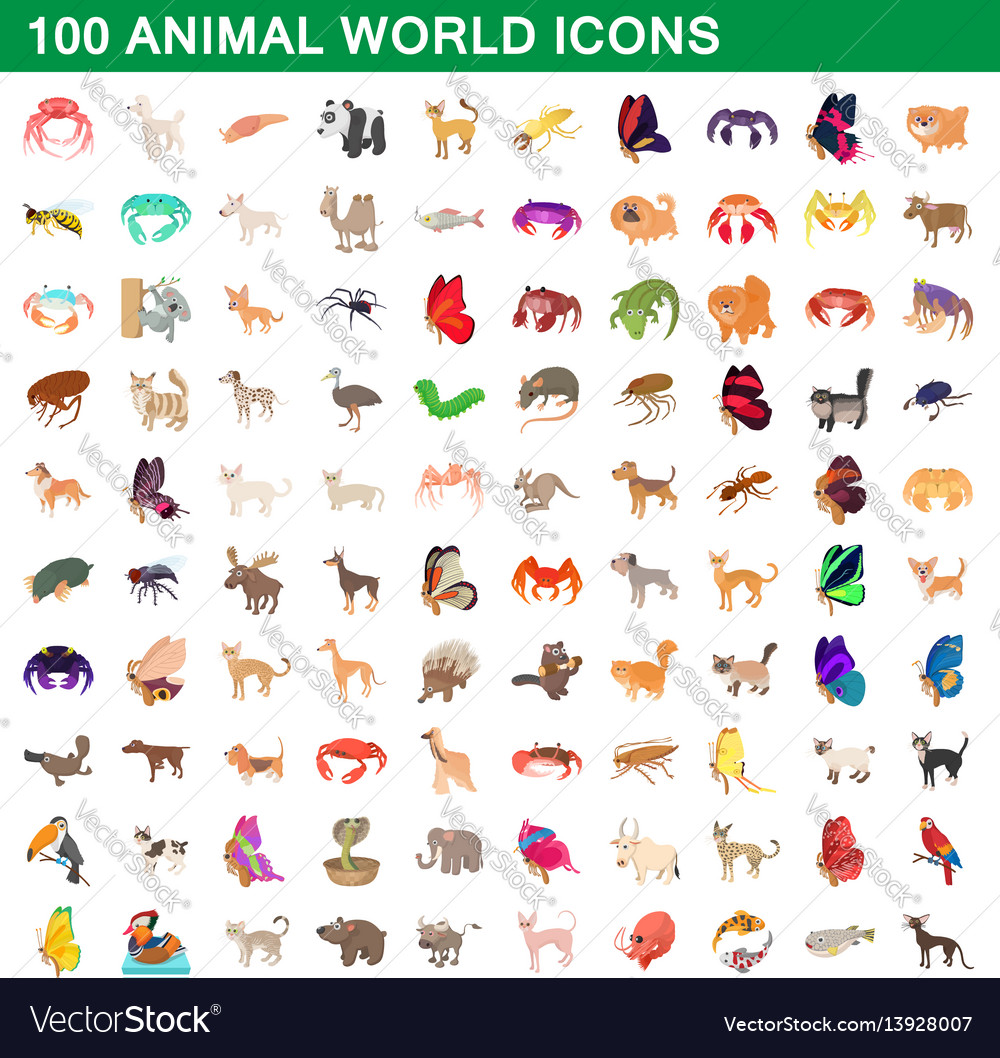 100 animal world set cartoon style Royalty Free Vector Image