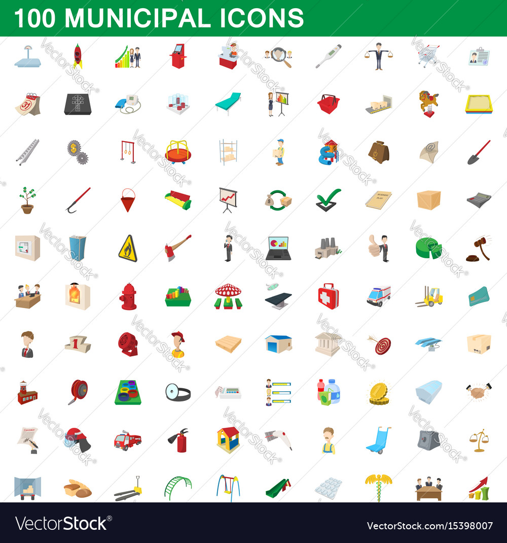 100 Municipal Icons Set Cartoon Style Royalty Free Vector